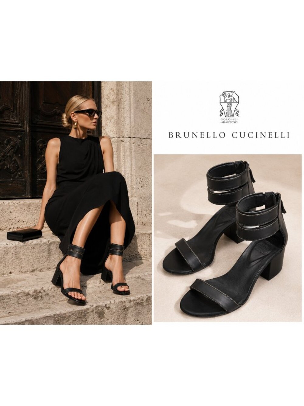 Brunello Cucinelli Black Leather Monili Ankle Strap Block Heel Sandals EU37
